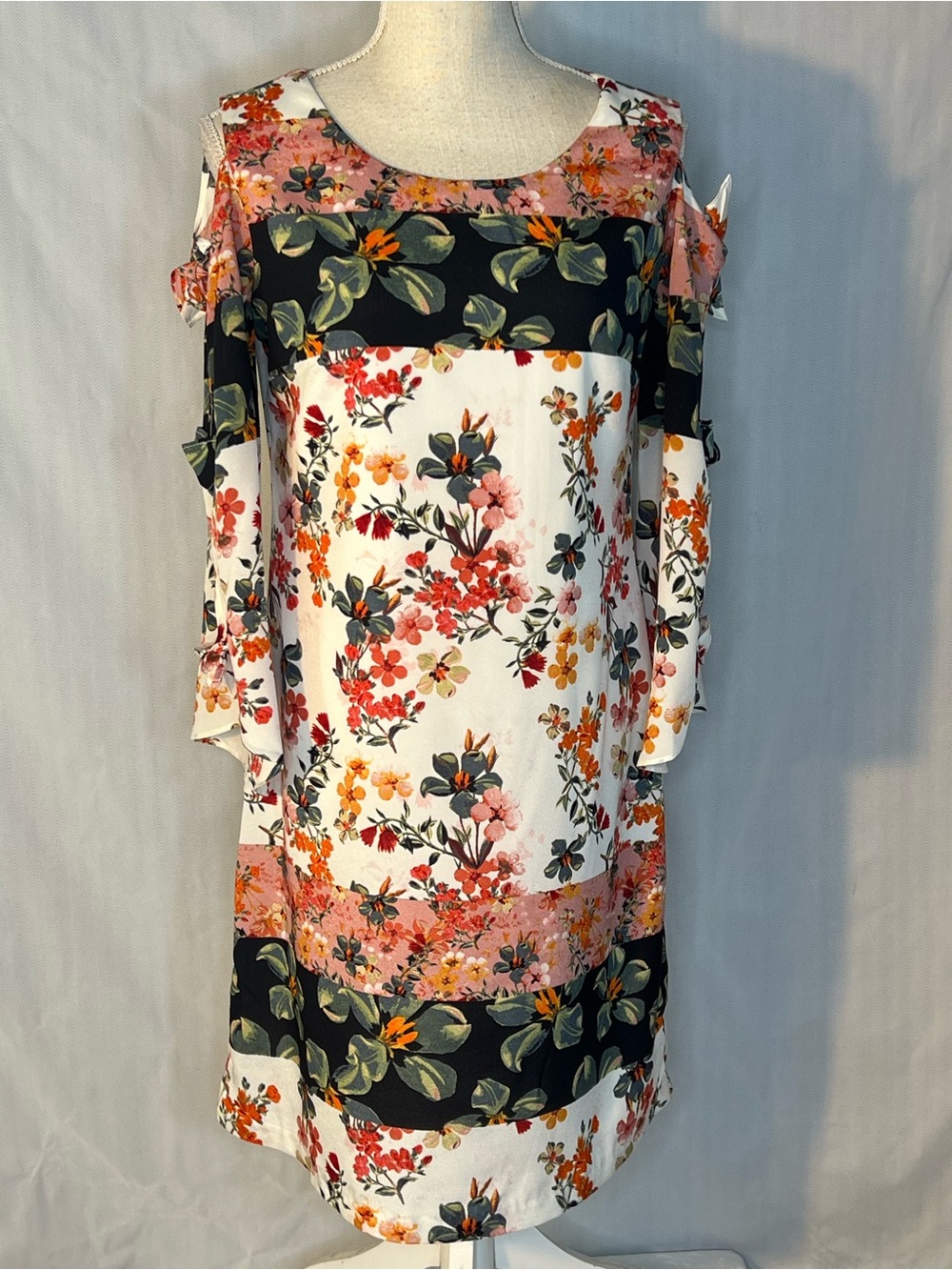 MSK Dress Floral Long Sleeve Cold Shoulder Ties Cream Pink & Green Shift S 👍